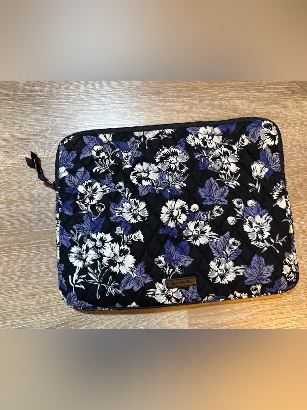 Vera Bradley Black Floral Quilted Laptop Sleeve with Purple and White Blossoms